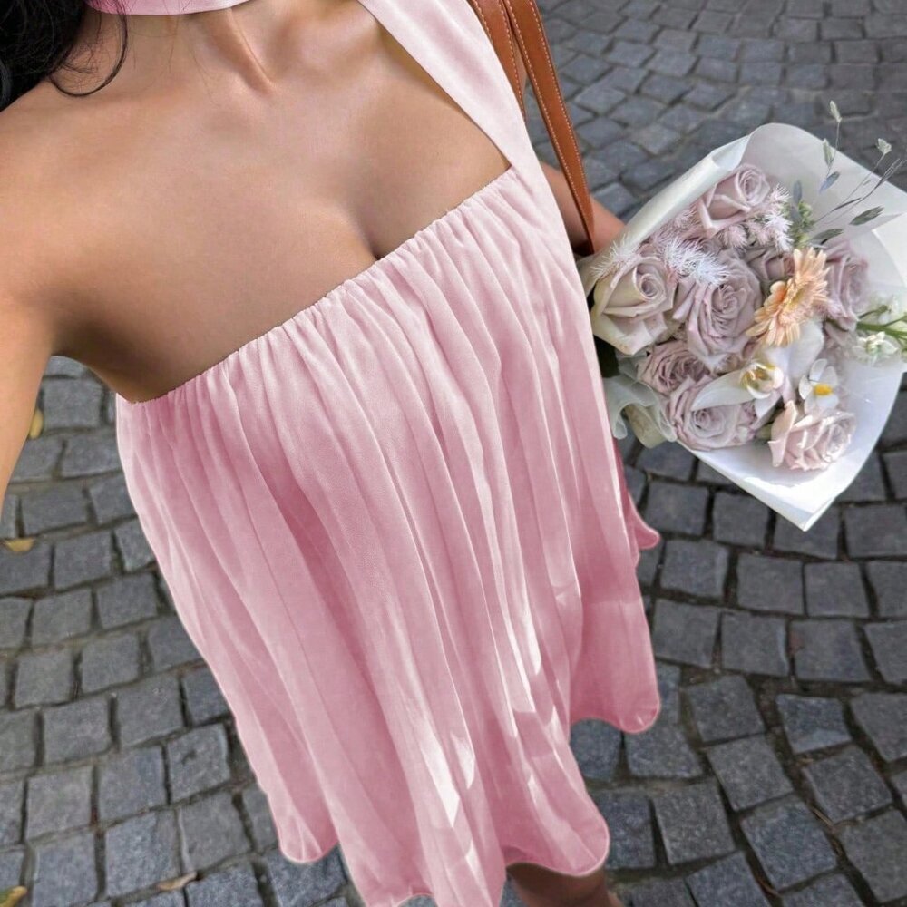 Baby Pink Casual Women's Plain Color Pleated A-Line Mini Cami Dress - Picture 3 of 6